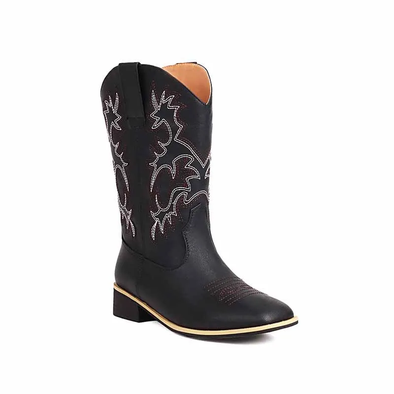 Womens low heel west boots cowboy mid-calf boots