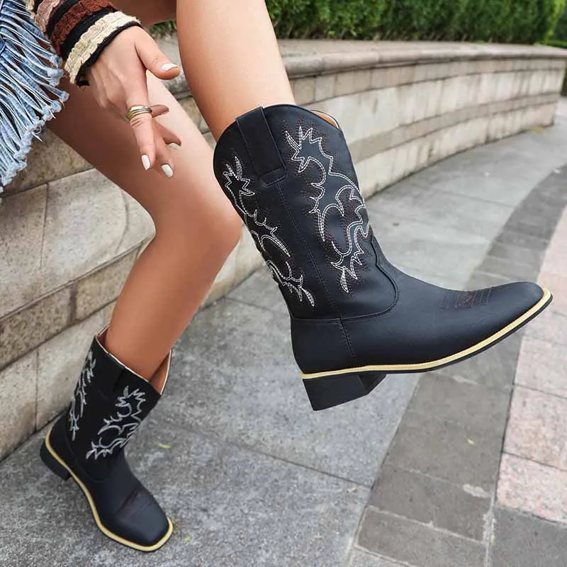 Womens low heel west boots cowboy mid-calf boots