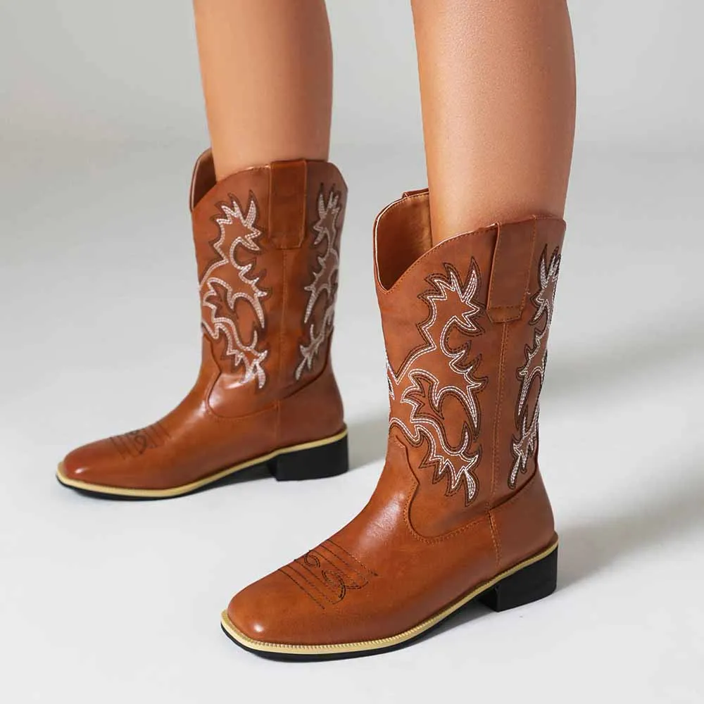 Womens low heel west boots cowboy mid-calf boots