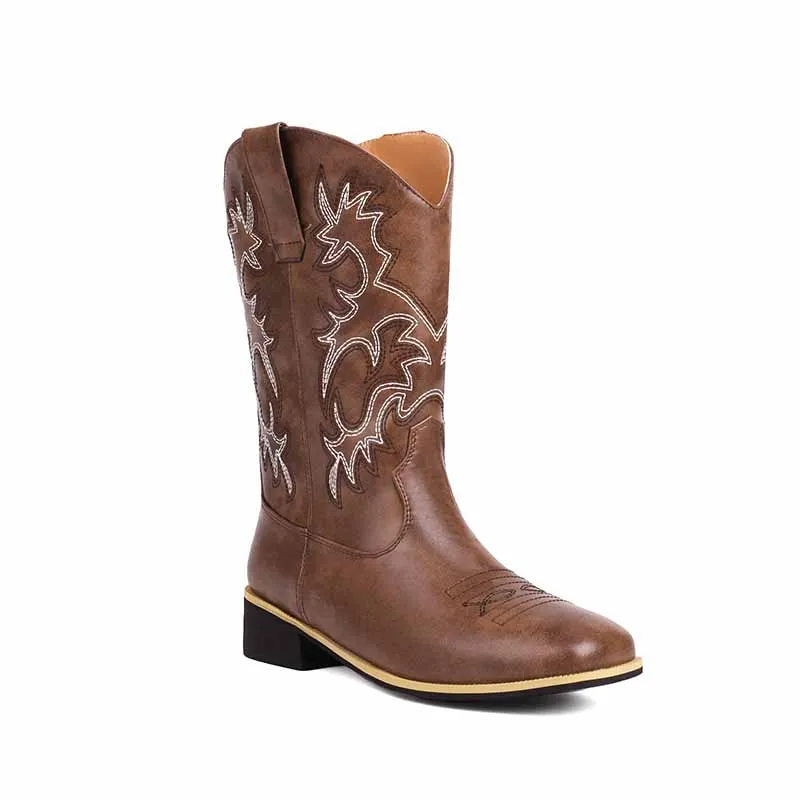 Womens low heel west boots cowboy mid-calf boots