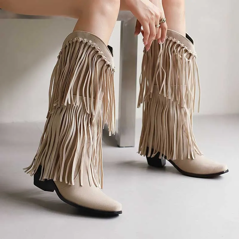 Women's Suede Cowboy Boots With Fringe
